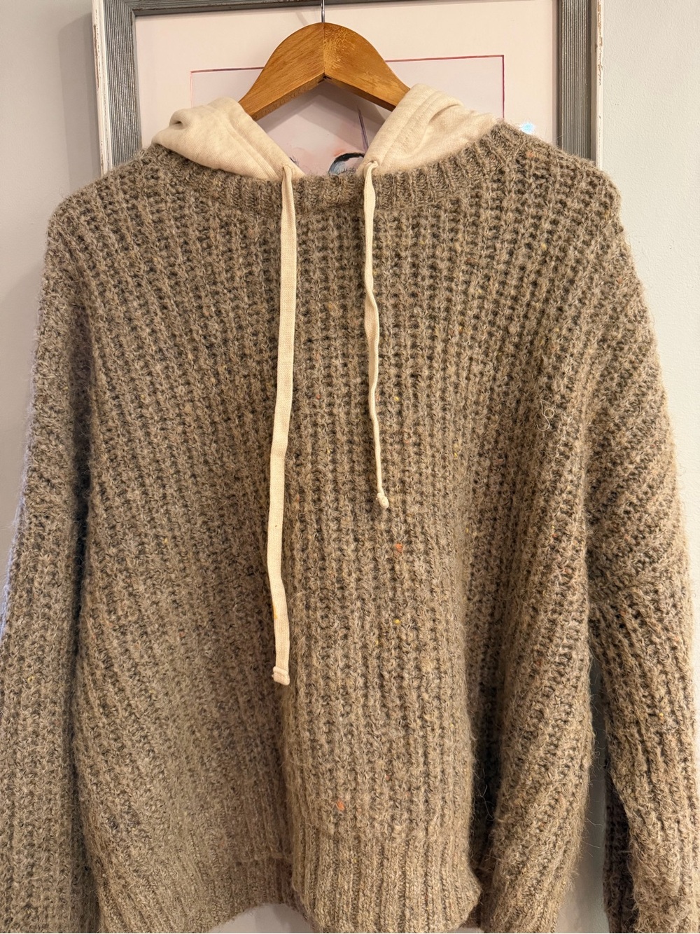 aerie Taupe Waffle-Knit Crewneck Sweater with Cream Hood